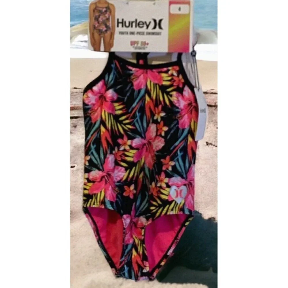 Hurley Girls UPF 50+ One Piece Quick Dry Swimsuit Youth Size 4 Pink Floral
